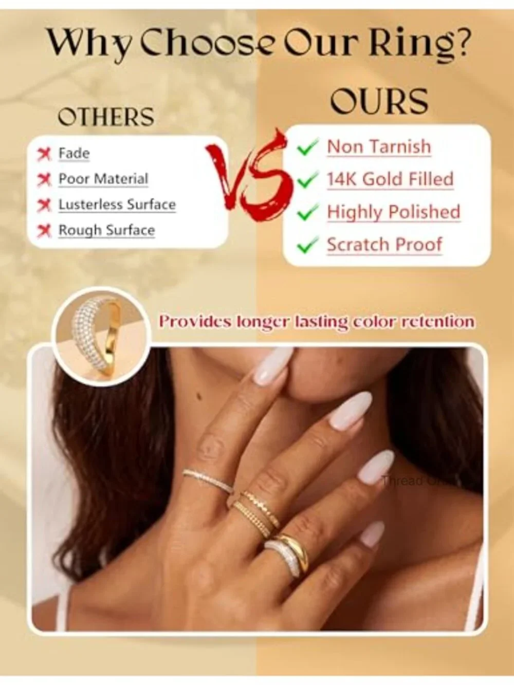 14K Gold Plated Stackable Dainty Cubic Zirconia Ring Set Chunky Dome Band Thumb
